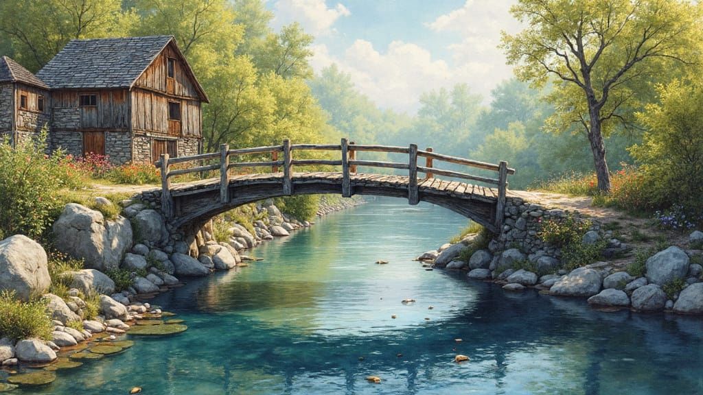 Hyperrealistic Painting of Broken Bridge with Flowers