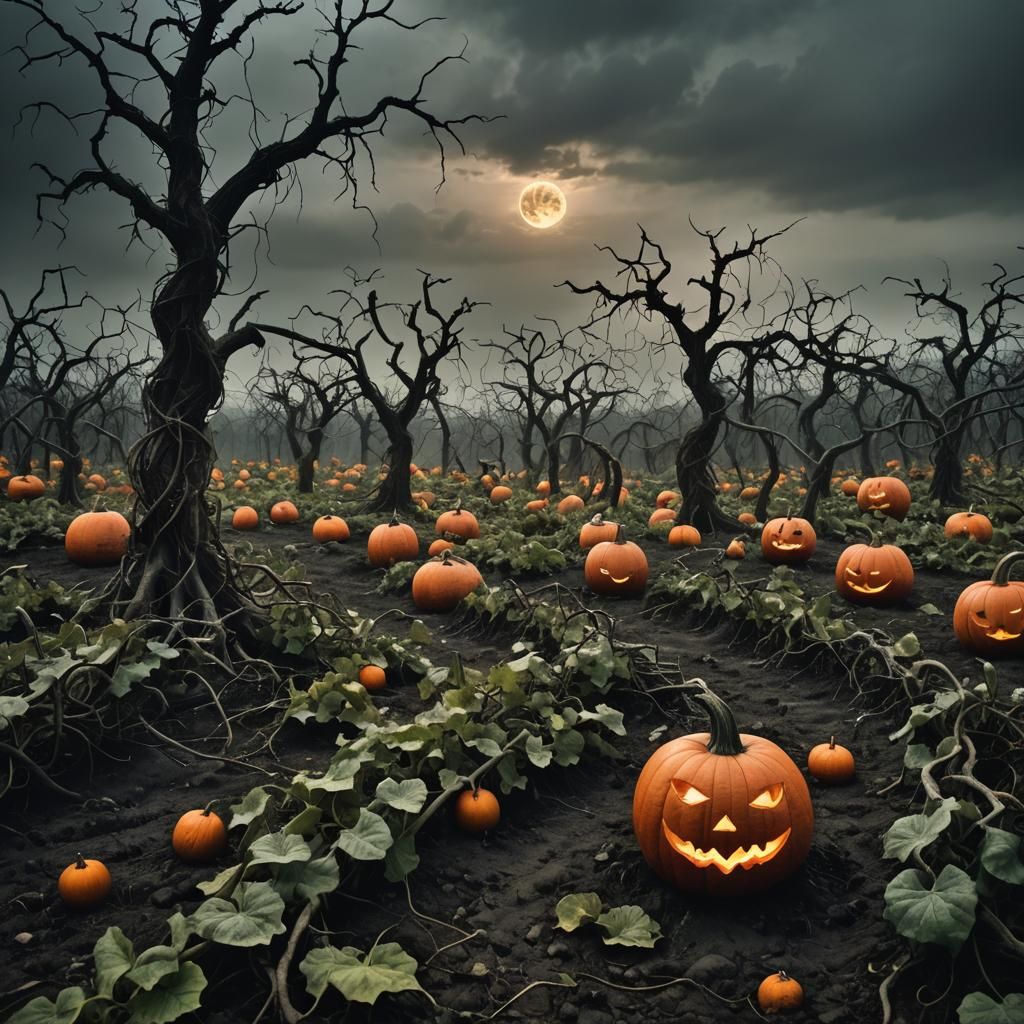 A haunted pumpkin patch stretches across a rotting field und...