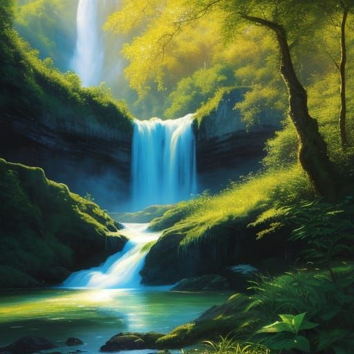 Impressionist Waterfall Landscape with Rare Plants