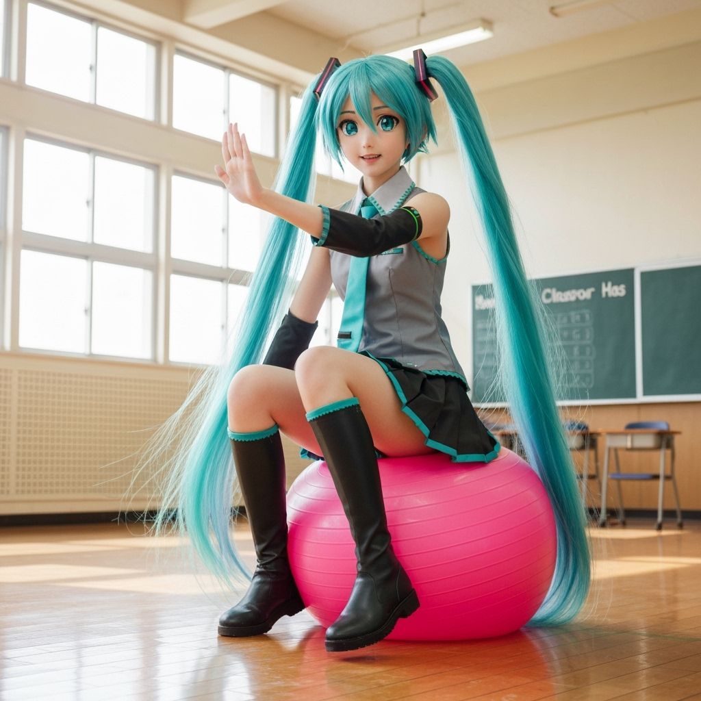 Hatsune Miku Bouncing on Exercise Ball in Gym