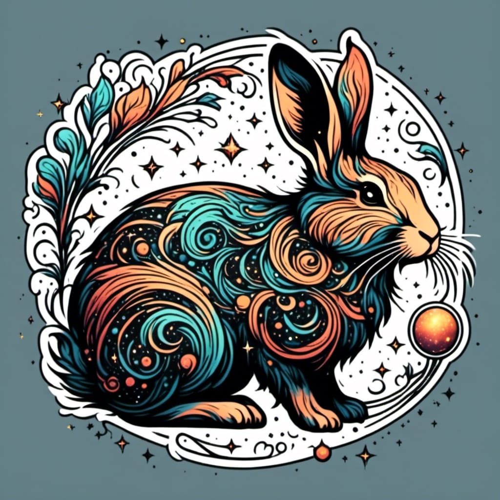 Cosmic Rabbit Tattoo Design in Vector Line Art