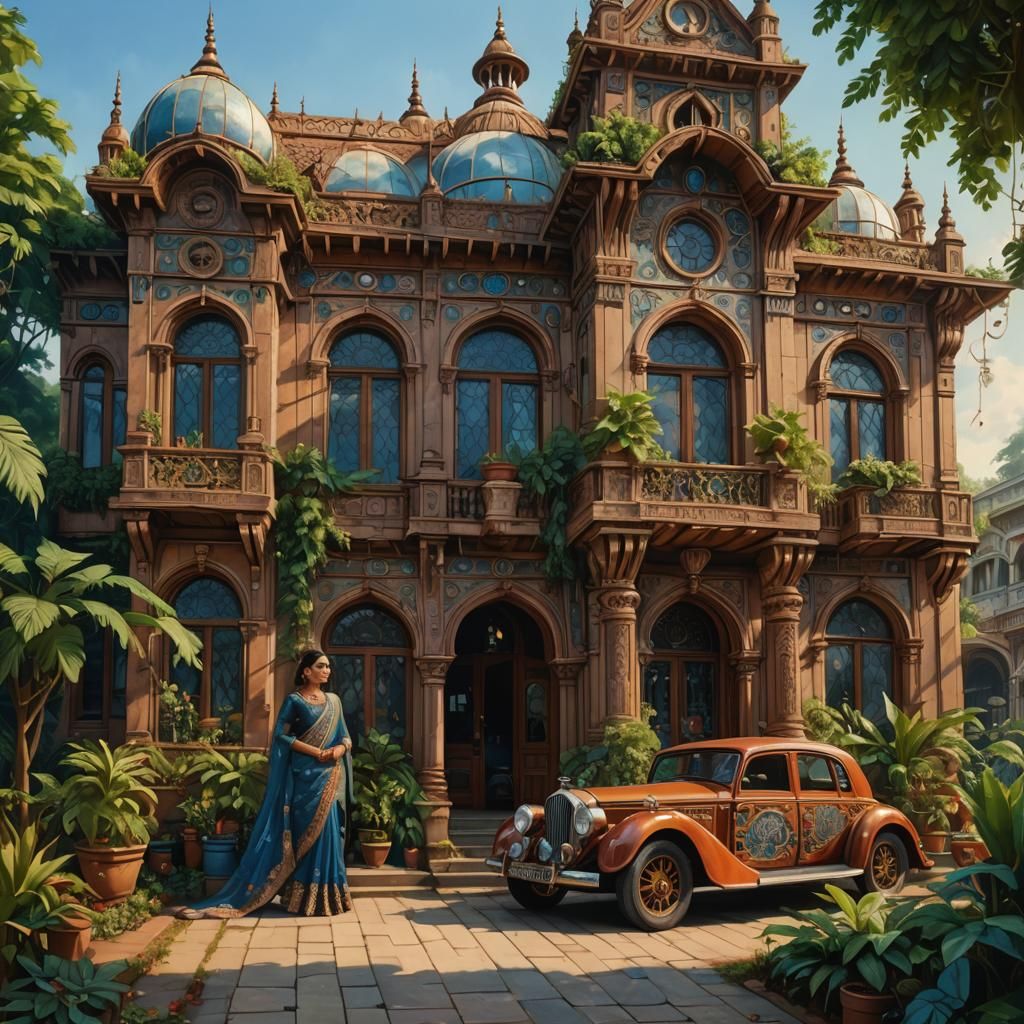 Steampunk Indian Mansion with Elegant Lady and Vintage Car