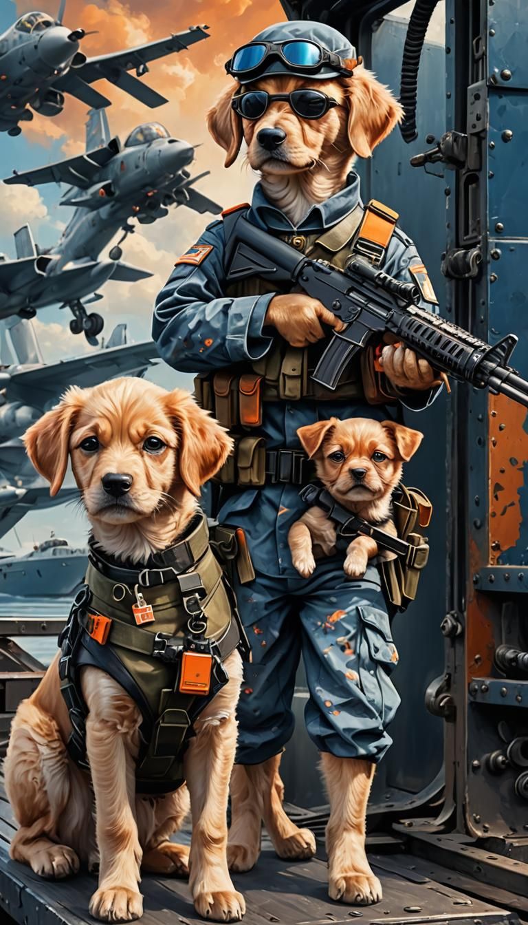 Puppy Soldiers on Carrier Deck in Military Sci-Fi Style