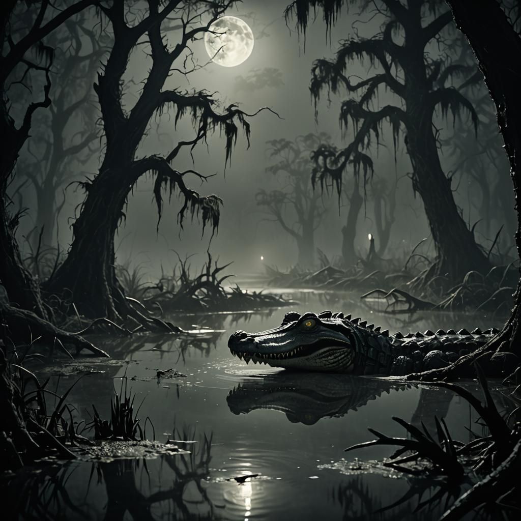 Alligator Emerges from Moonlit Swamp in Film Noir