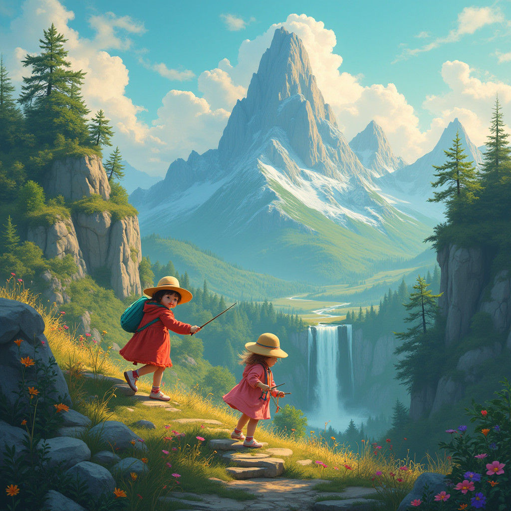 Children Explore Mystical Mountains in Ethereal Landscape