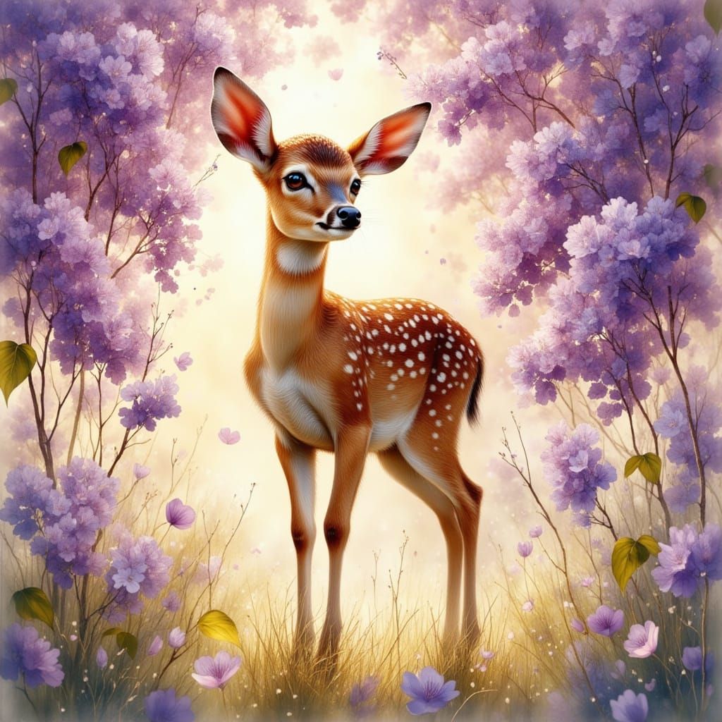 Hyperrealistic Fawn Under Lilac Trees in Golden Hour Light