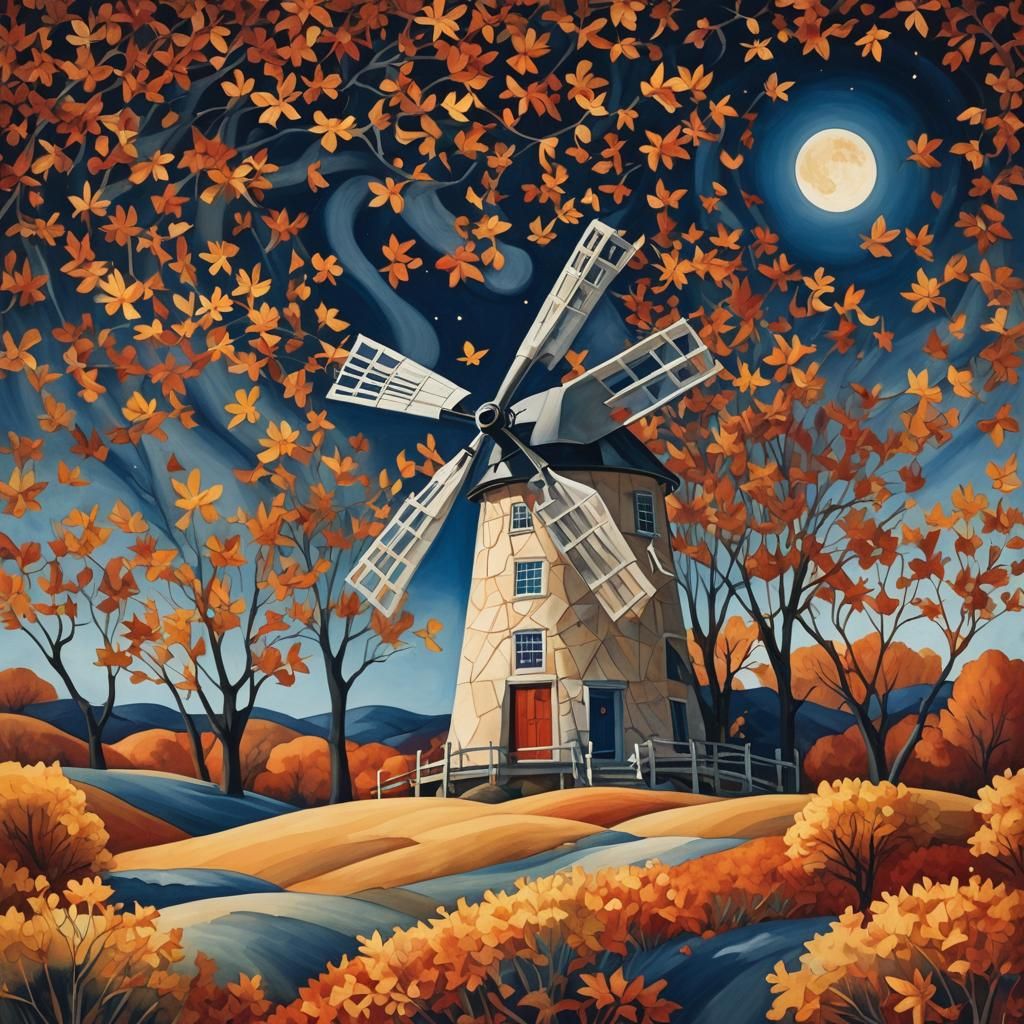 Majestic Windmill in Windswept Autumn Landscape