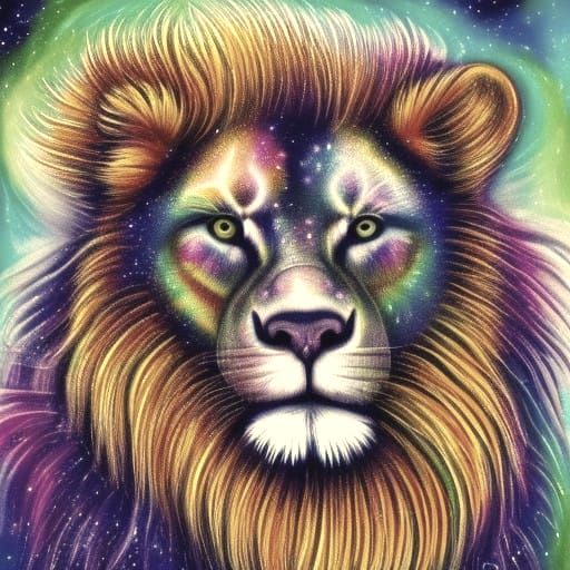Cosmic Lion with Celestial Cubs: A Hypnotic Astral Portrait