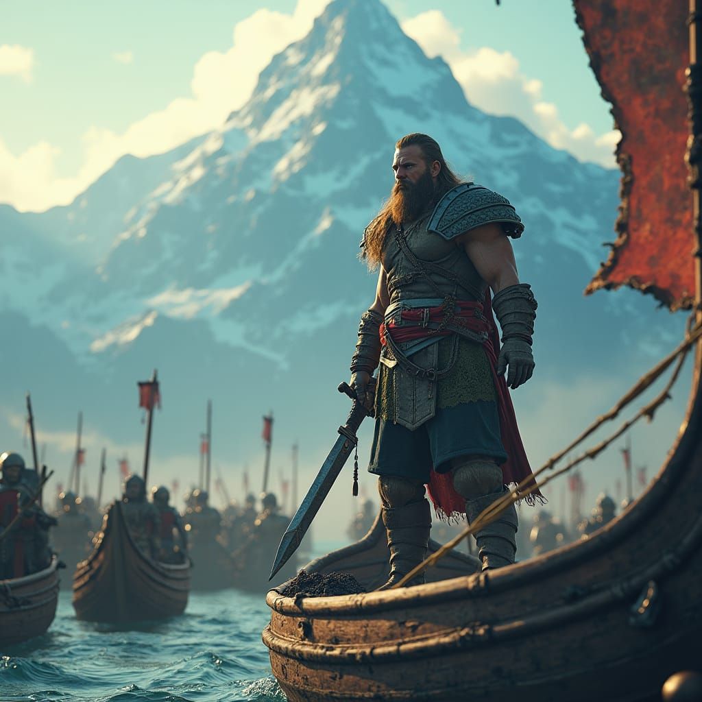 Viking Warrior on Longship Amidst Enemies, Epic Fantasy Art