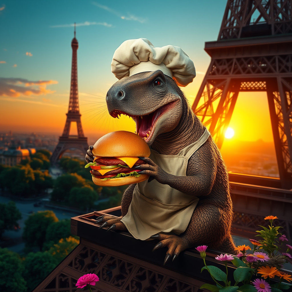 Wombat Dinosaur Chef on Eiffel Tower at Sunset