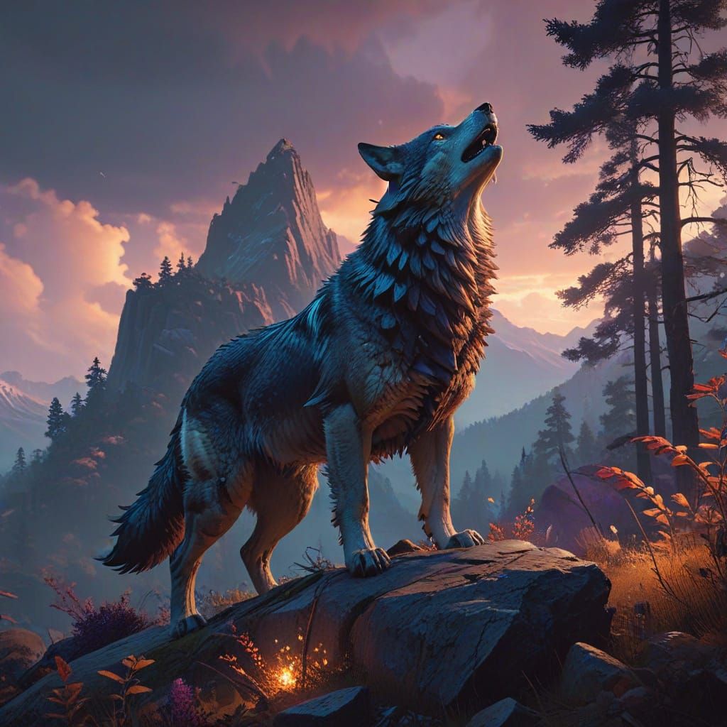 Majestic Wolf Surrounded by Dragon and Mystical Mountains in...