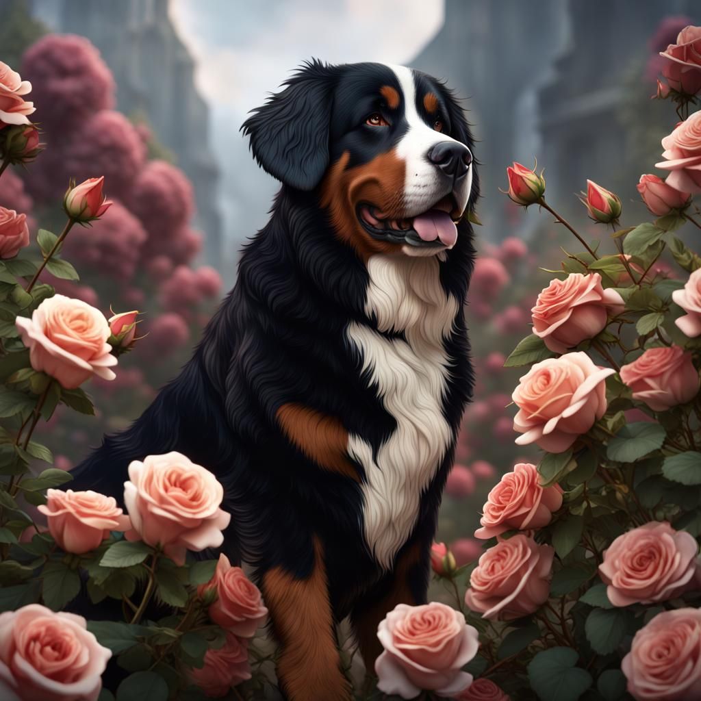 Bernese Mountain Dog Smelling Roses: Detailed Matte Painting