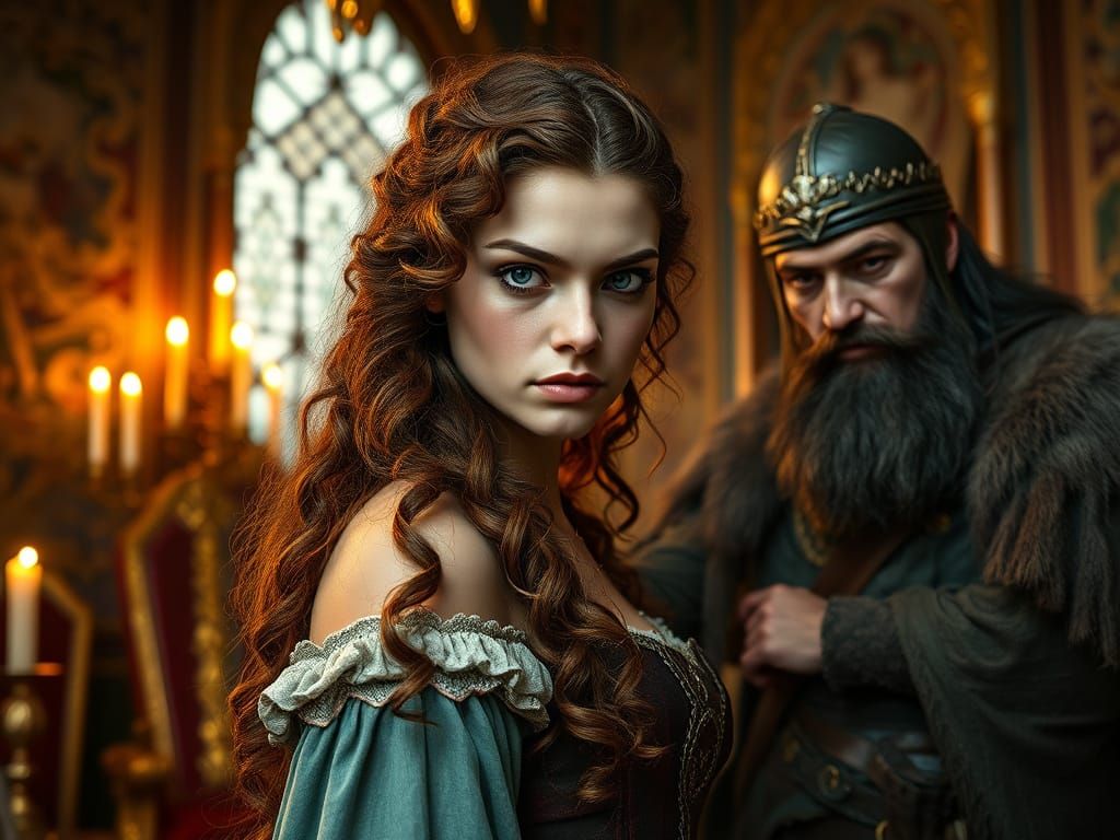 Medieval Princess with a Jealous Huntsman in Throne Room
