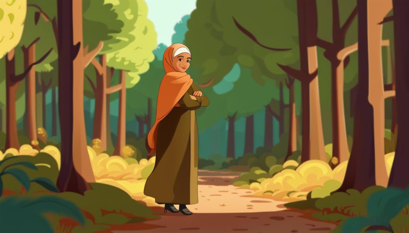 Animated Hijabi Writer in Forest Banner
