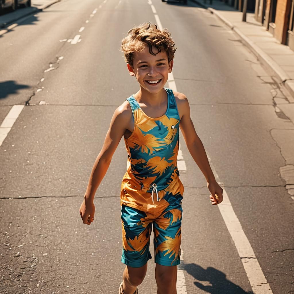 Smiling Boy in Swimwear: Hyper-Realistic Digital Art