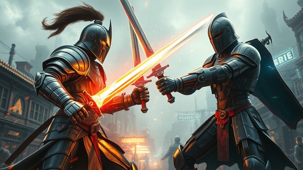 Knight vs Cyborg: Epic Clash in Steampunk Town