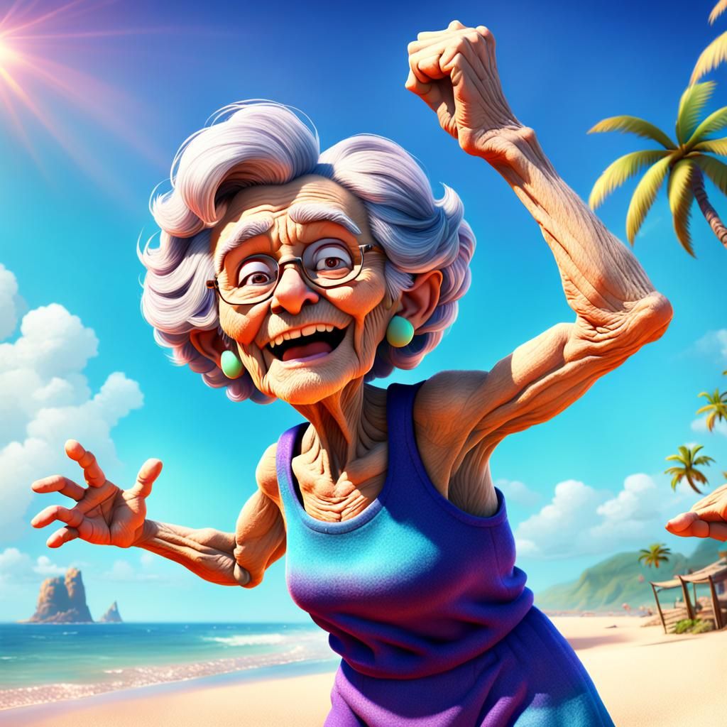 Granny on Beach in Pixar-Style 3D Digital Art