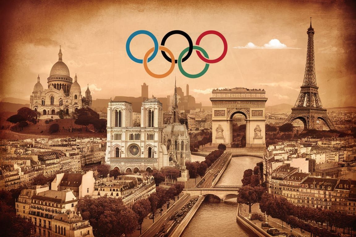 Vintage Sepia Illustration of Paris with Olympic Flame