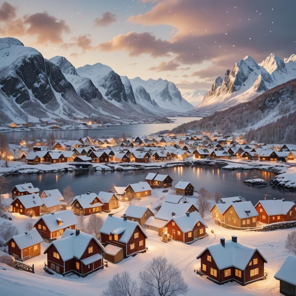 Idyllic Norwegian Winter Wonderland in Whimsical Folk Art St...