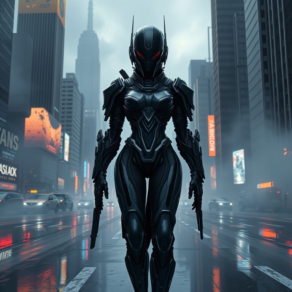 Futuristic Alien Soldier in Dystopian Cityscape, in Cyberpun...