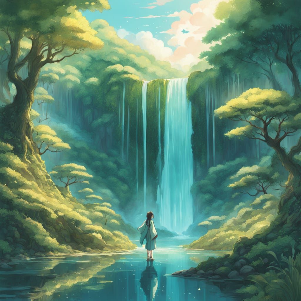 Ethereal Anime Girl by Magical Waterfall