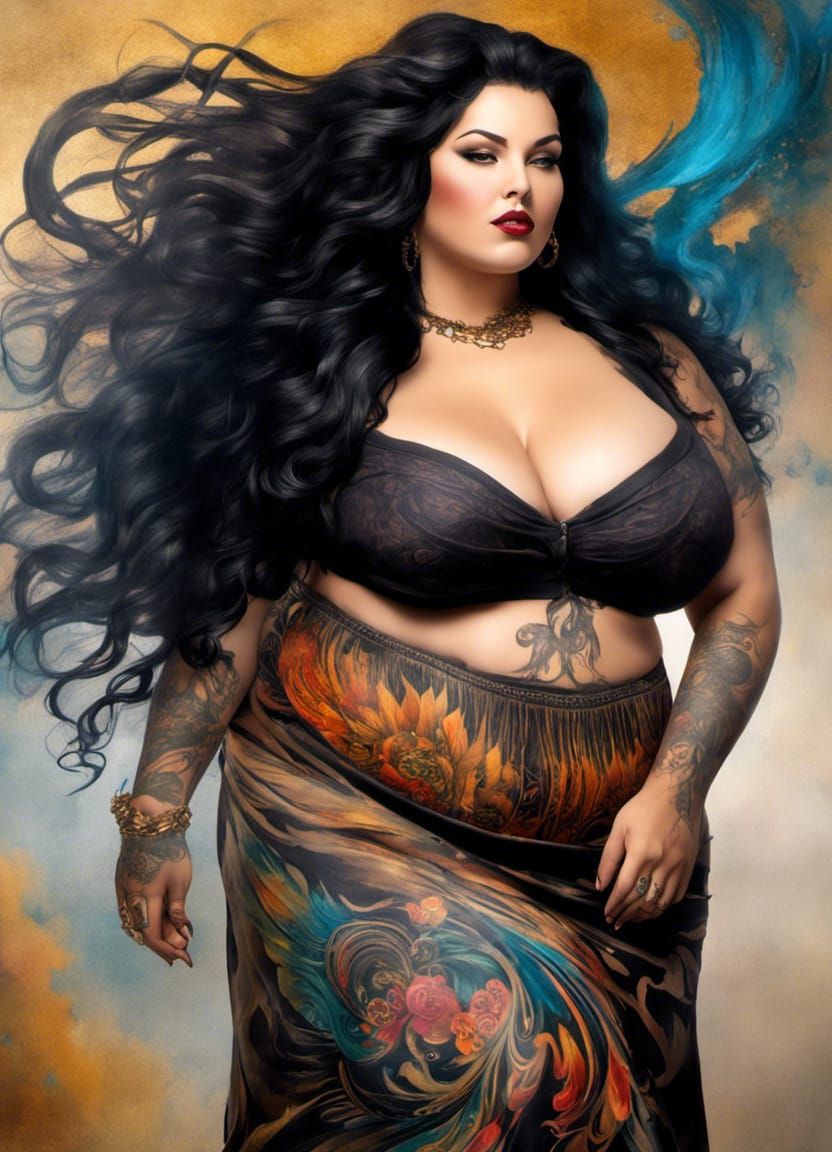 Voluptuous Tattooed Gypsy Woman in Splash Art Style