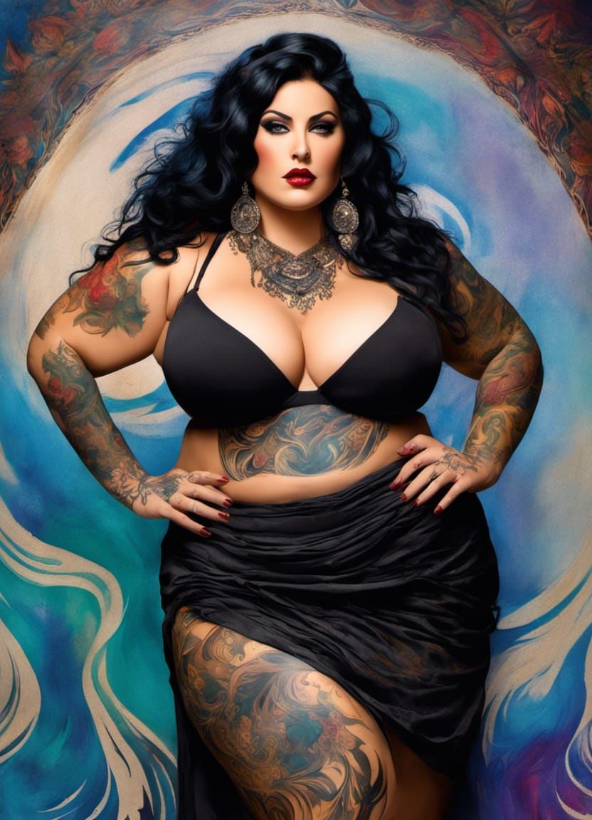 Voluptuous Tattooed Woman in Modern Splash Art