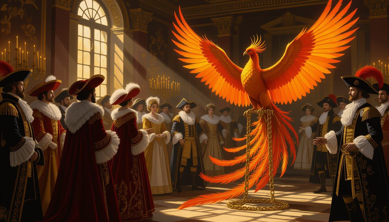 Baroque Auction of Phoenix Feathers in Ornate Hall