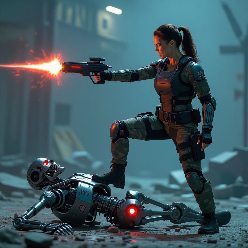 Victorious Warrior Over Robot in Dystopian Future