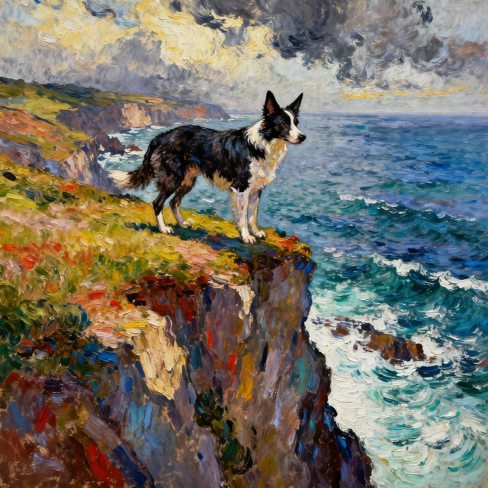 Border Collie on Cliff Edge in Impressionist Style