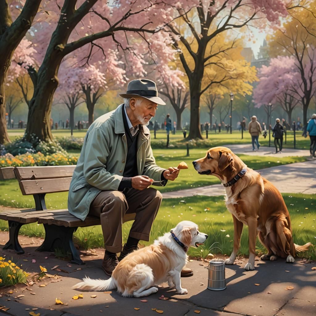 Elderly Man and Dog in Park: Impressionistic Pastel