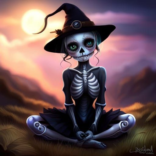 Cute Skeleton Creature with Kitten in Fantasy Art