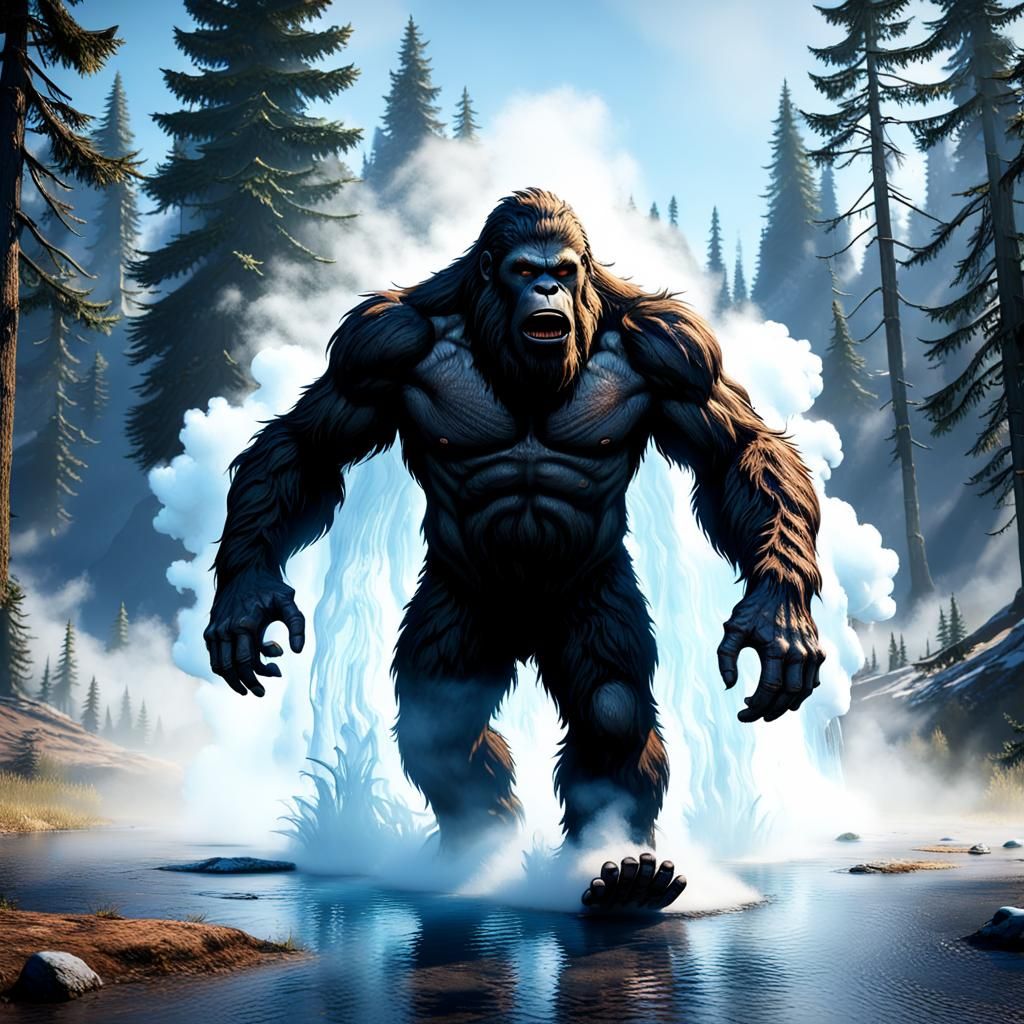 bigfoot running through steamy water and water geyser ,AMD , GeForce RTX, 2TB NVMe M.2 SSD, 6TB HDD, neon ,unreal eng...