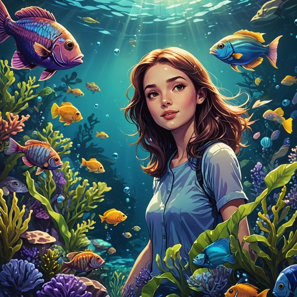 Pop Art: Girl and Glowing Fish in Deep Sea