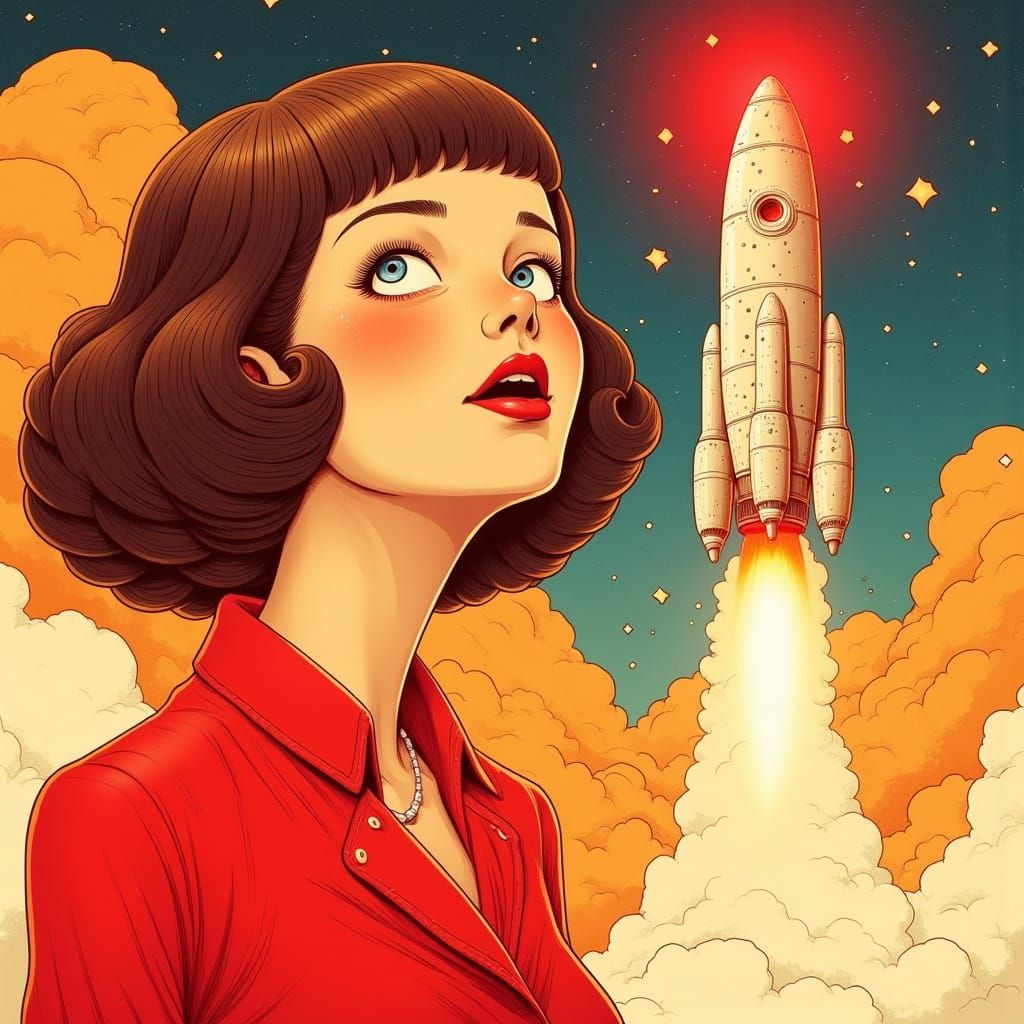Retro-Futuristic Woman Admires Rocket Ship in Space