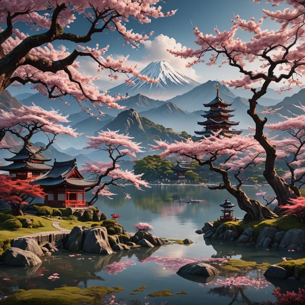 Sakura Tree by Lake: Detailed Matte Painting
