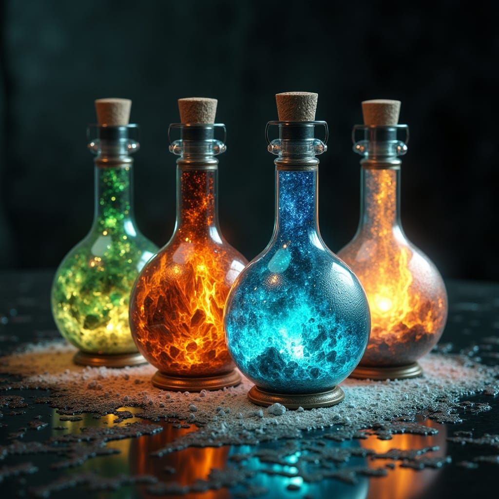 Ethereal Vials of Elemental Potions in Hypnotic Light