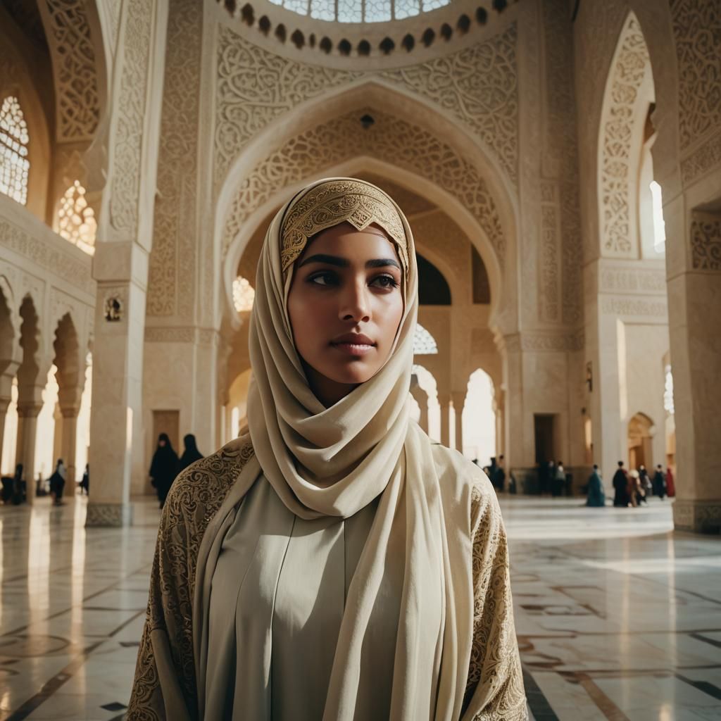 Serene Muslim Woman in Mosque with Golden Hues