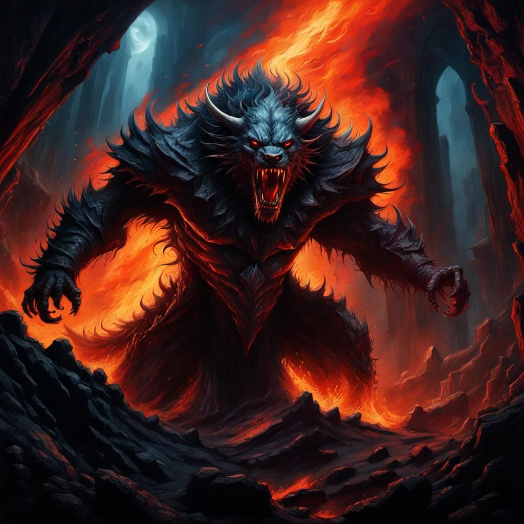 Humanoid Beast Emerges in Gothic Chamber