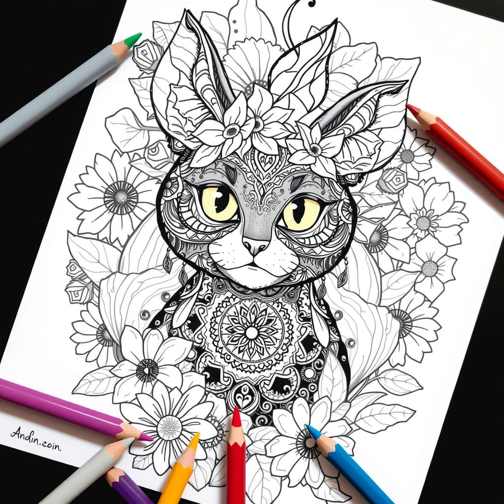 Mandala Cat Coloring Page in Illustrative Ink Art Style