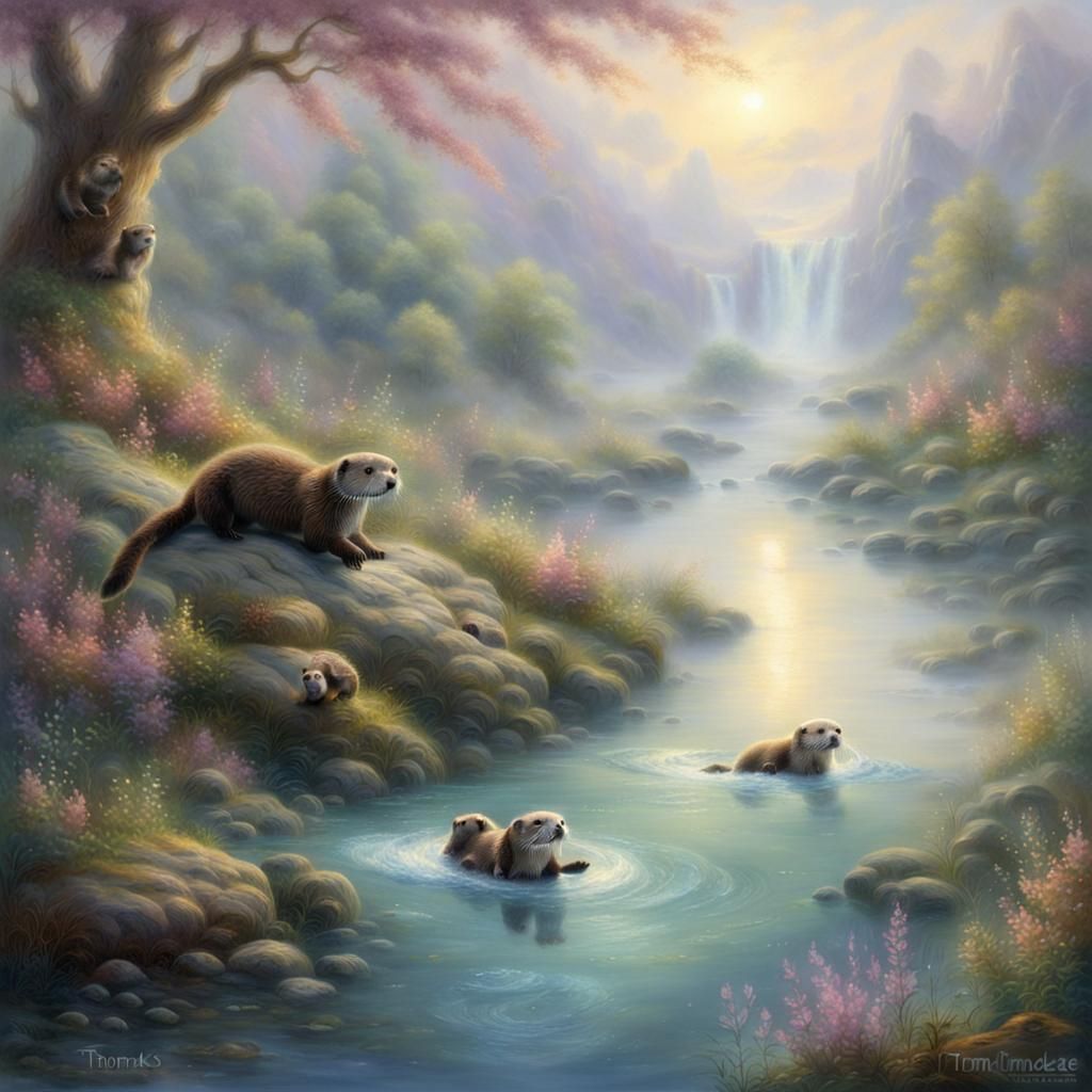Otters Swimming in River: Ethereal Fantasy Art