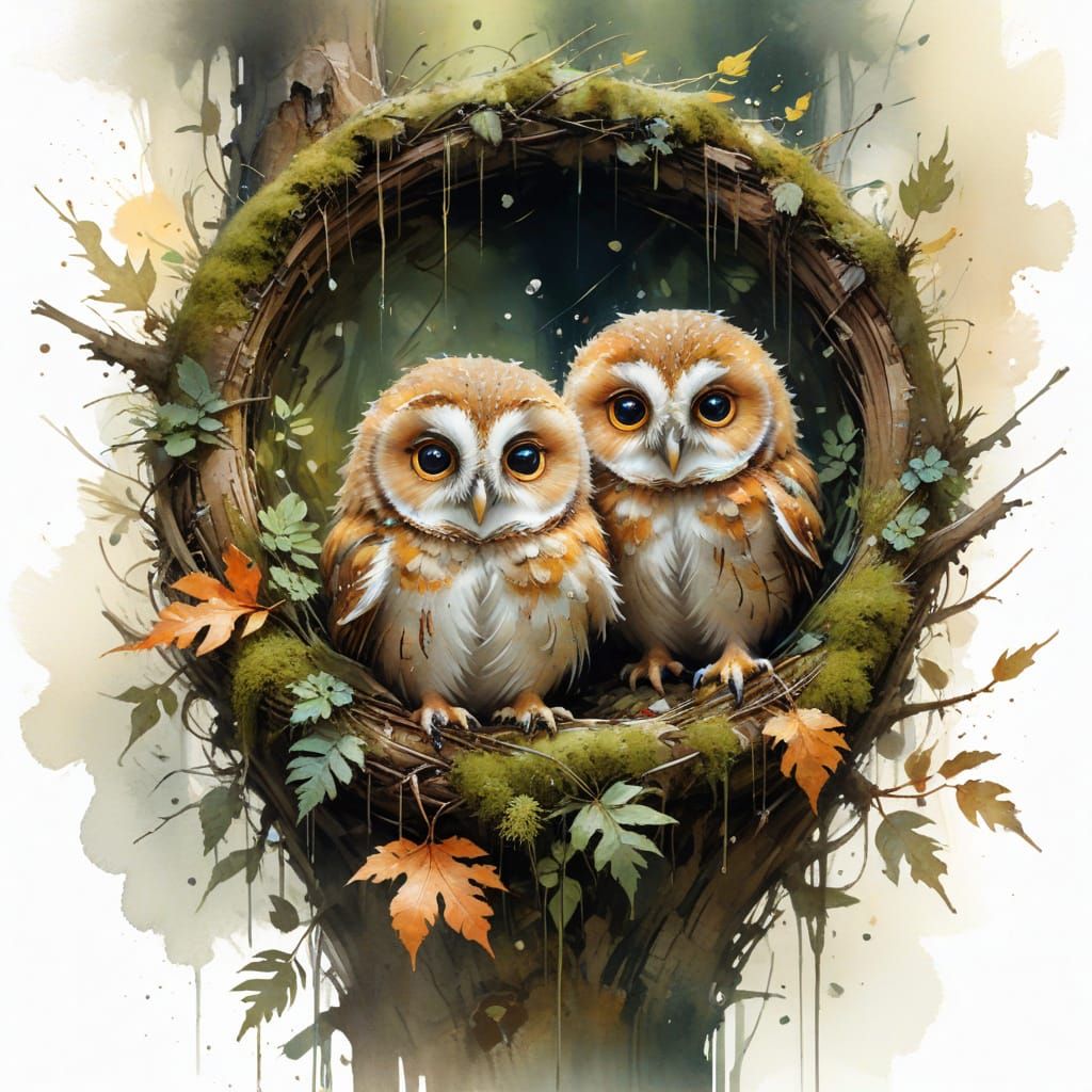 Adorable Owlets in Mossy Nest, Amber Glow