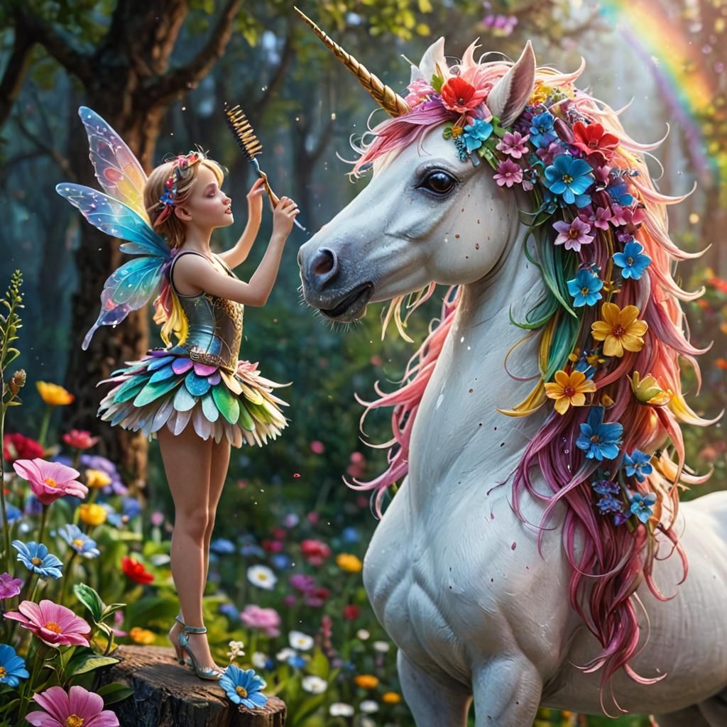Fairy Brushing Unicorn Mane in Magical Forest