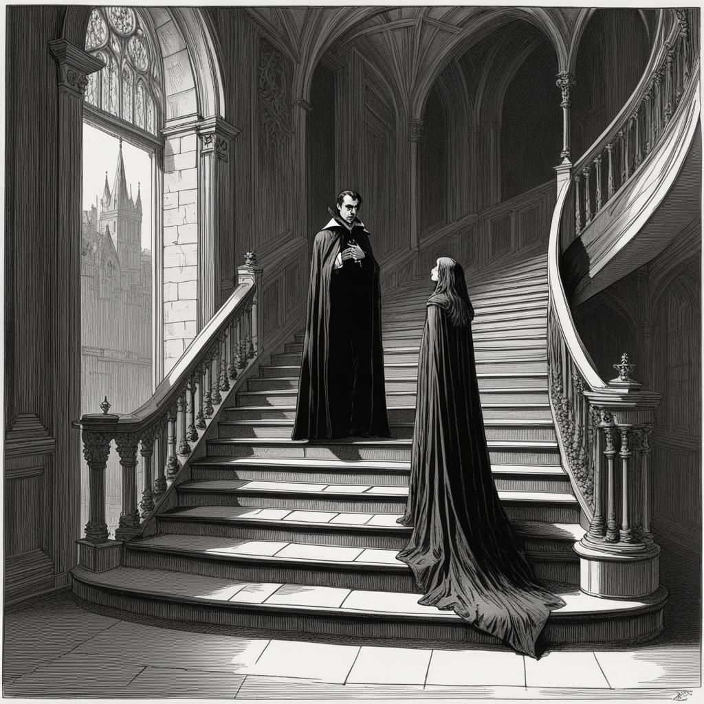 Dracula Beckons Woman in Gothic Mansion, Line Art