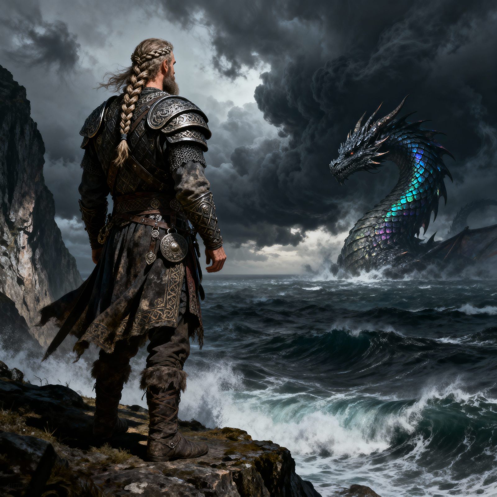 Viking Warrior Confronts Obsidian Dragon on Stormy Cliff