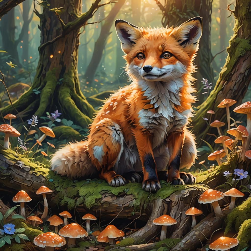 Young Fox Cub in Fantasy Forest, Oil Painting