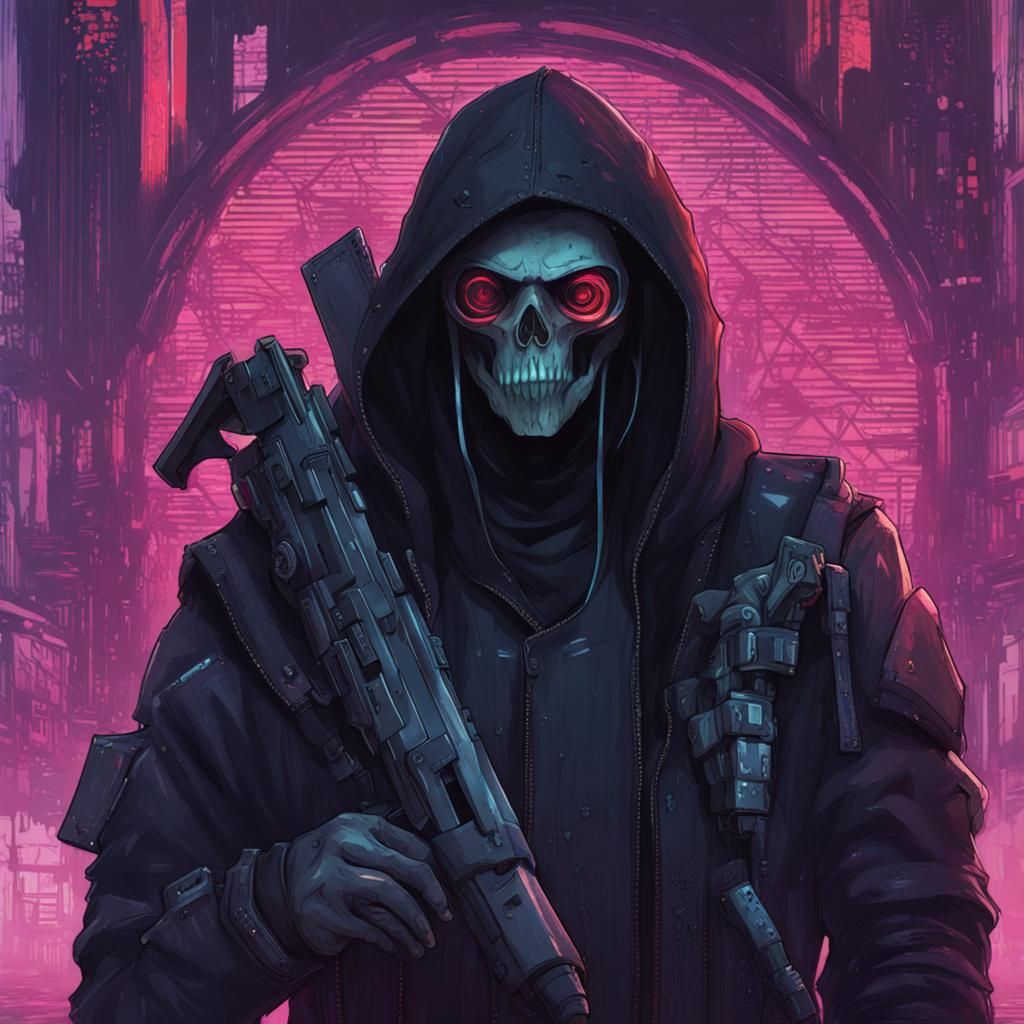 Cyberpunk Reaper Assassin in Neon Cityscape