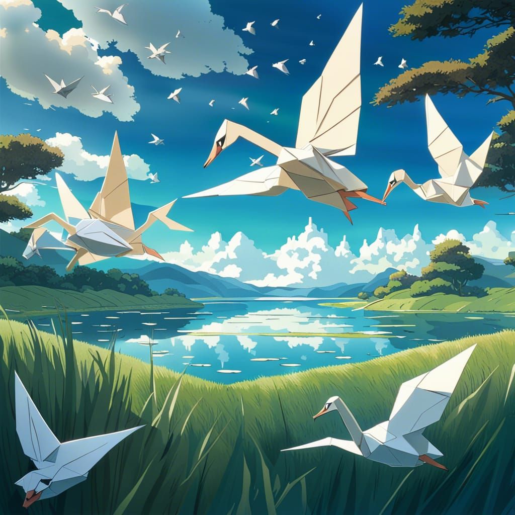 Origami Swans Fly in Anime Style Landscape
