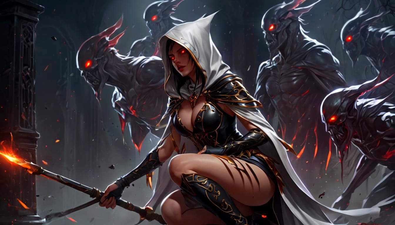 Dark Sorceress Summons Magic with Glowing Red Eyes