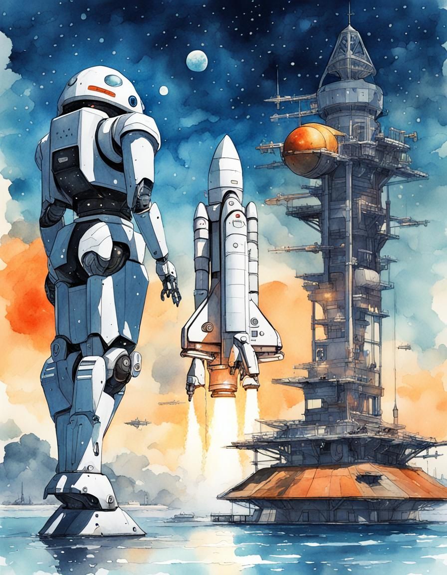 Giant Robot and Rocket in Watercolor Style